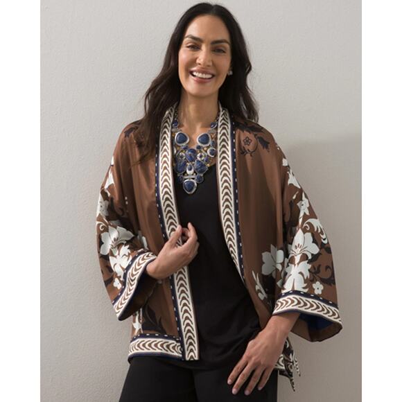 Chico's Jackets & Blazers - CHICO'S sz L/XL Short Border Kimono In Briar Brown silky cream navy accent